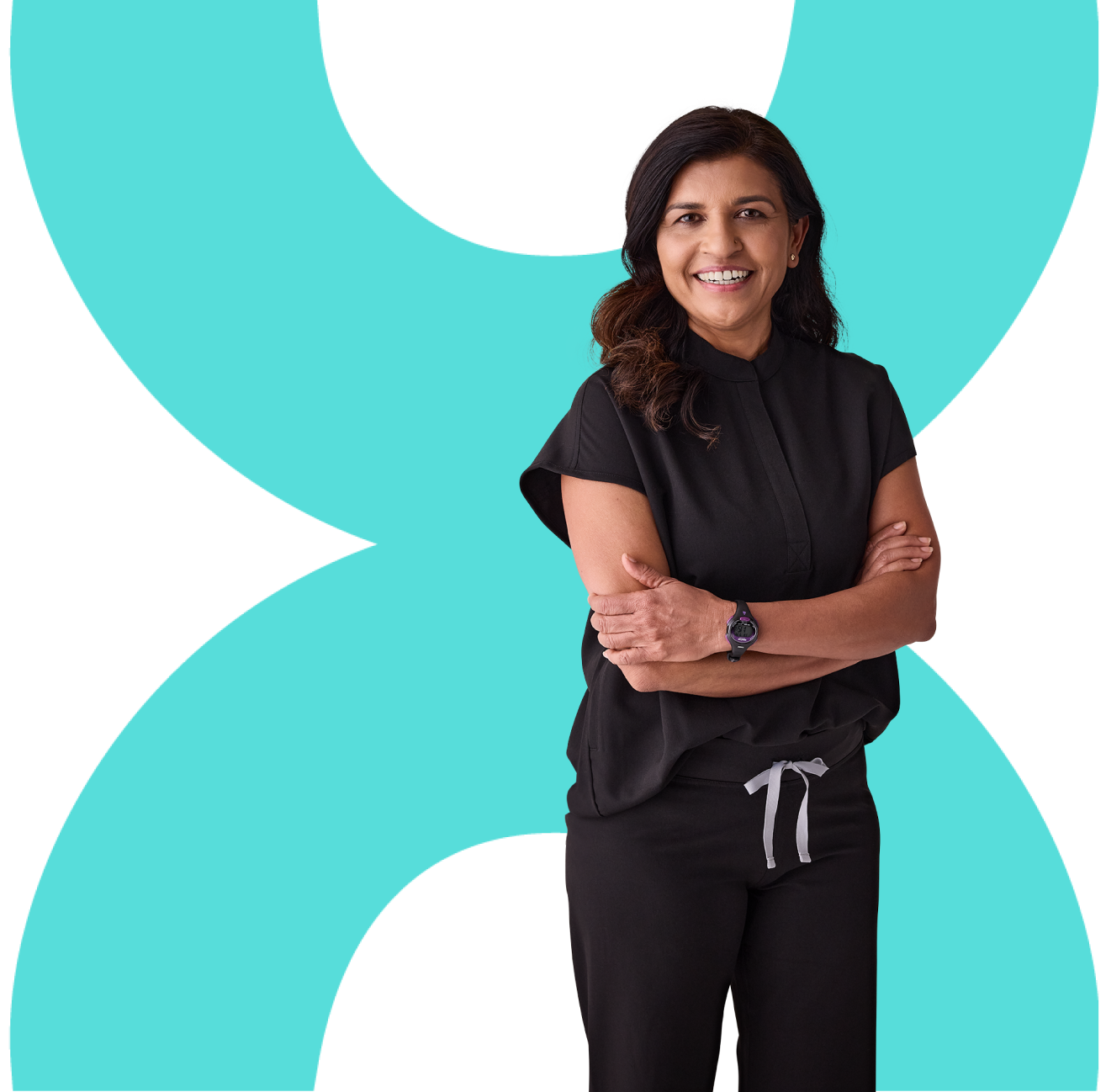 provider smiling in her uniform in front of the matrix logo